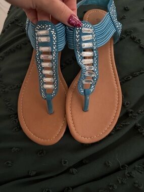 Pierre Dumas Teal Jeweled T-Strap Sandals